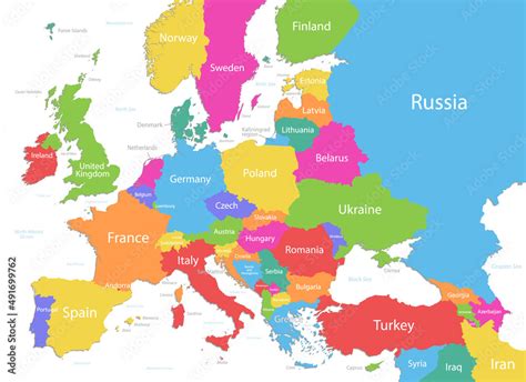 Europe With Parts Of Asia Multicolored Detailed Map Individual States