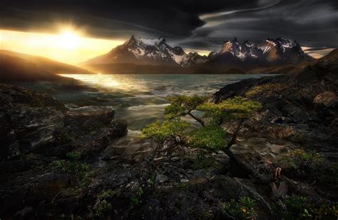 549695 Chile Sunrise Mountain Lake Waterfall Torres Del Paine National