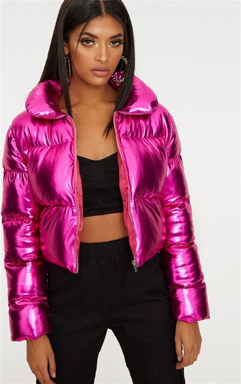 Hot Pink Metallic Cropped Puffer Jacket Metallic Jacket Clothes
