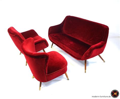 Areaneo Mid Century Red Velvet Loveseat And Easychairs Italy 1950s