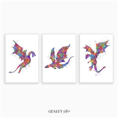 Set Of 3 Dragon Prints Abstract Dragon Silhouettes Nursery Etsy