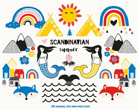 Scandianvian Summer Scandinavian Clipart Folk Art Clip Art Etsy