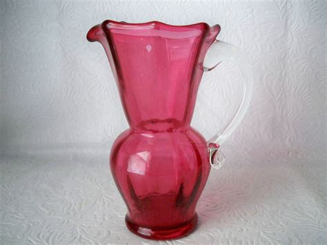 Mid Century 1960s Vintage Blown Glass Small Tall Fluted Pitcher In Red With Clear Glass Applied