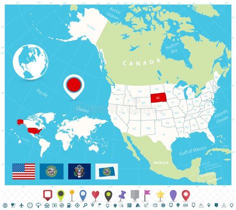 Location Of South Dakota On Usa Map With Flags And Map Icons Stock