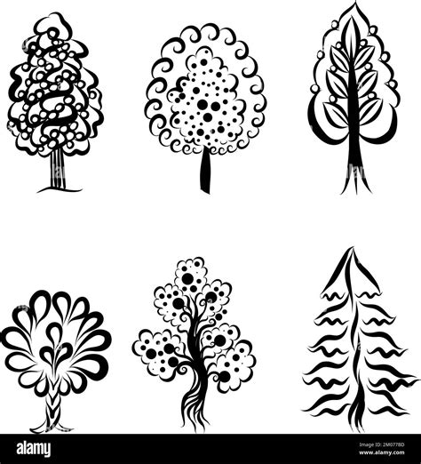 Collection Of Silhouettes Of Decorative Trees Isolated Composition In