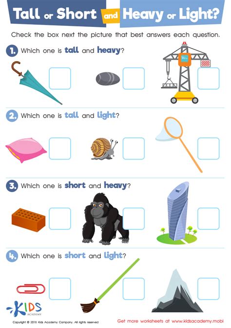 Tall Or Short And Heavy Or Light Worksheet For Kids