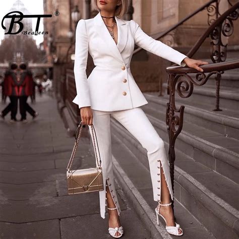 Beateen Womens White Buttons Formal Elegant Blazer Pantsuits 2 Piece