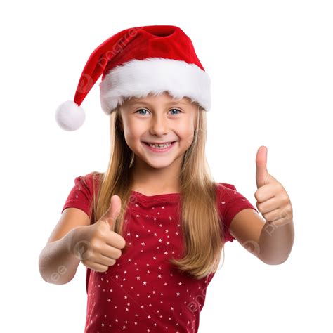 Cheerful Little Girl Wearing Christmas Hat Standing Isolated Giving