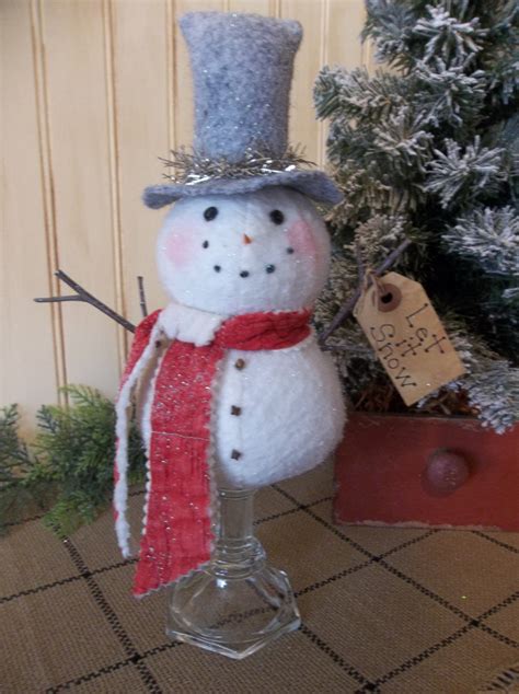 Sweet Primitive Handmade Snowman On Vintage Glass Candlestick Etsy