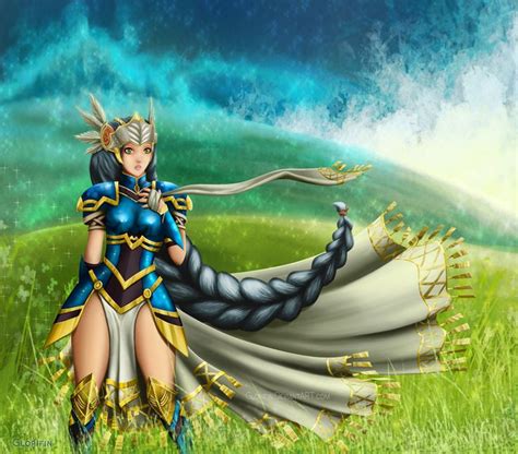 A Woman Dressed In Blue And Gold Holding A Long White Tail While Standing On Top Of A Lush Green
