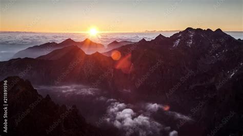 Time Lapse Mountain Sunset Landscape In Tatras Rysy Slovakia Stock