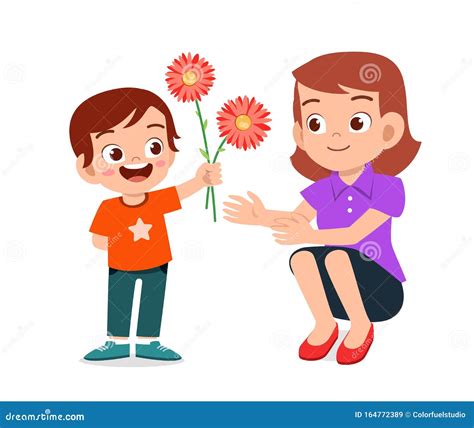 Happy Cute Kid Boy Give Flower To Mother Stock Vector Illustration Of