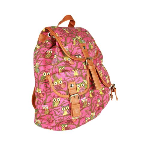 Stylish Women Cute Cartoon Owls Pattern Canvas Backpack Schoolbag Book