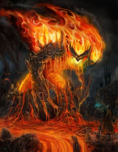 A Man Standing In Front Of A Huge Fire Breathing Monster With Flames