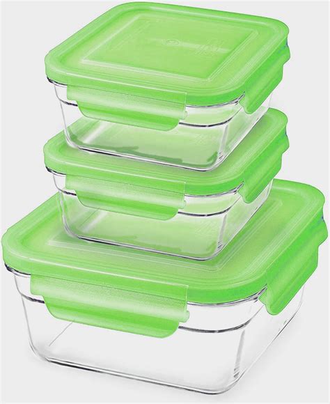 Glasslock Green Lids Square Airtight Food Storage 3 Container Set