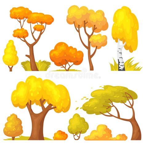 Autumn Yellow Bush Cartoon Seasons Garden And Forest Trees In Fall