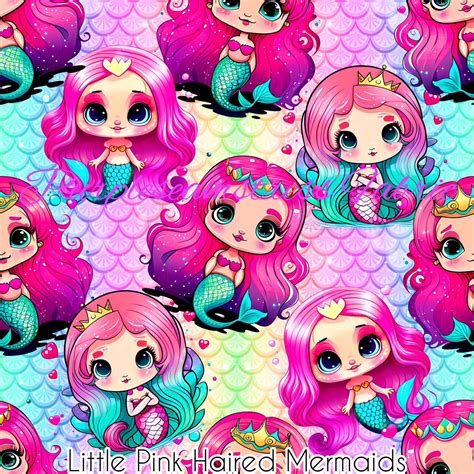 Little Pink Haired Mermaids Cotton Lycra Purpleseamstress Fabric