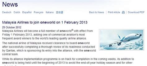 Malaysian Airlines Joins Oneworld Alliance On February 1 2013