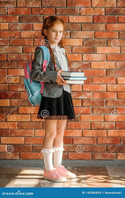 Cute Schoolgirl With Schoolbag Holds Textbooks Stock Image Image Of Cf2