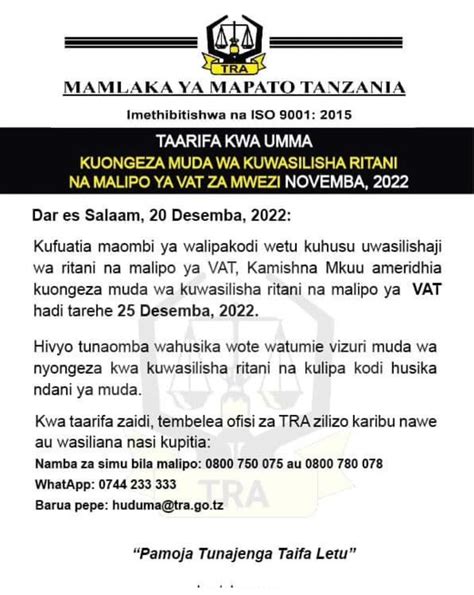 Tanzania Revenue Authority Tra Extends Deadline For November 2022 Vat