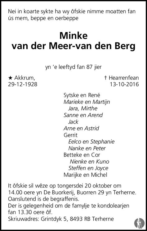 Minke Van Der Meer Van Den Berg 13 10 2016 Overlijdensbericht En
