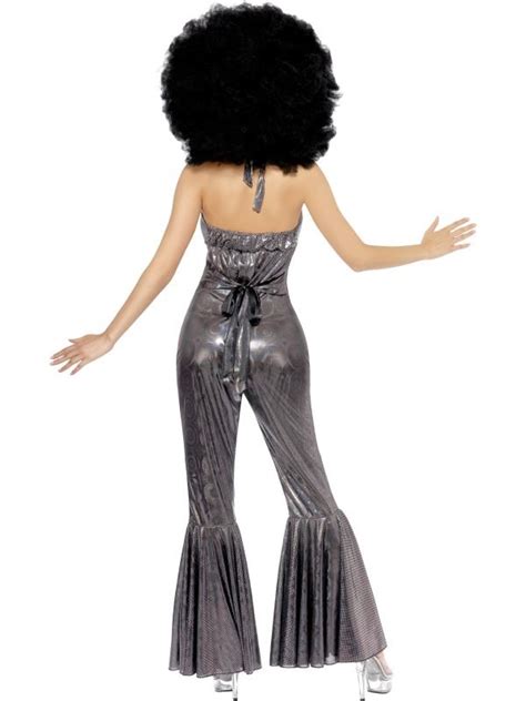Ladies Disco Diva Costume Retro 1970s Silver Jumpsuit Flares Fancy Dress Outfit Ebay