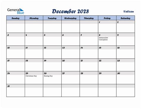 December 2028 Monthly Calendar Template With Holidays For Vatican