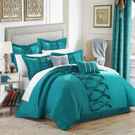 Ruth Ruffled Turquoise 12 Piece Comforter Bed In A Bag Set Bedding