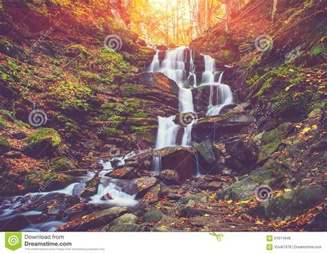 View Of A Beautiful Autumn Waterfall In Mountains Stock Photo Image
