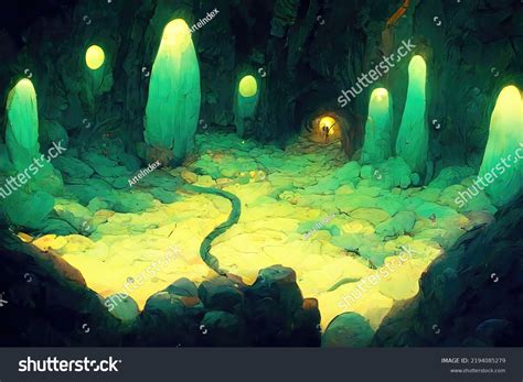 Illustration Glow Worm Cave Glowing Bioluminescent Stock Illustration