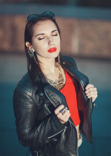 Young Fashion Hipster Beautiful Girl In Leather Jacket Outdoor Stock