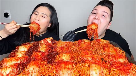 Kimchi Wrapped Nuclear Fire Noodles With Hyunee Eats • Mukbang Youtube