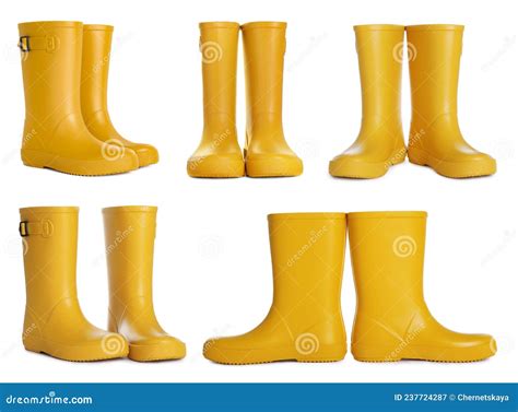Set With Yellow Rubber Boots On White Background Stock Image Image Of