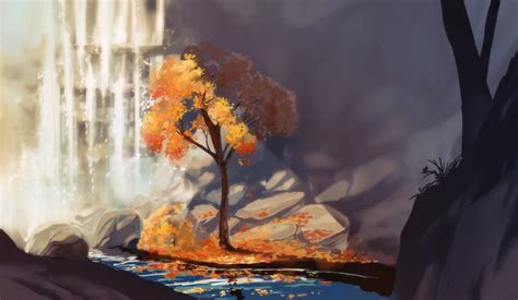 Wallpaper Sunlight Trees Painting Fall Leaves Waterfall Digital