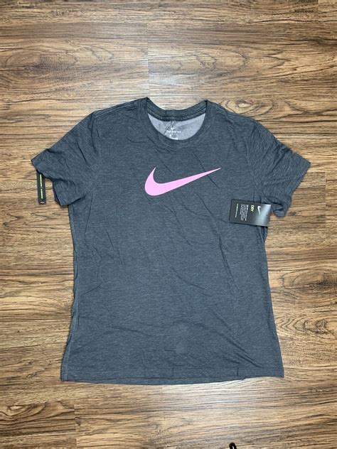 New Nike Womens Dri Fit Tee Shirt Pink Gray Aq3212 091 Swoosh Gym
