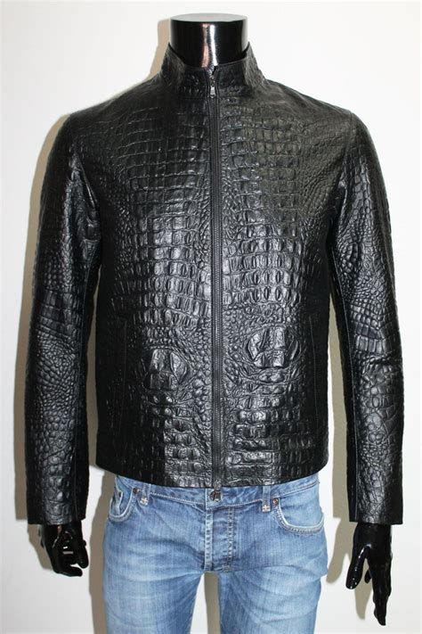 italian handmade men genuine lambskin leather jacket slim fit alligator crocodile black