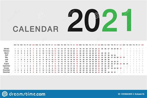 Plantilla De DiseÃ±o Horizontal Vectorial Del Calendario 2021 DiseÃ±o Simple Y Limpio Stock De