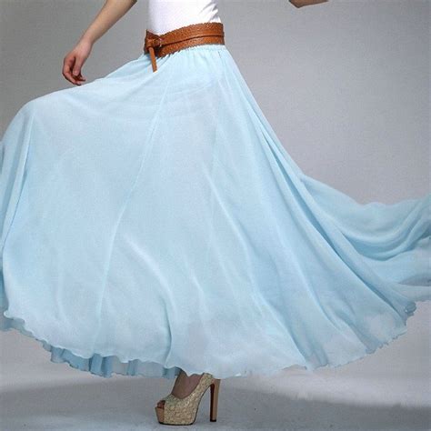 Sky Blue Chiffon Maxi Skirt With Extra Wide Hem Long Light Blue