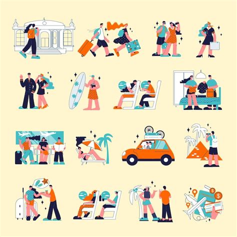 conjunto de ícones de cores de viagem isolados com personagens humanos de estilo doodle de