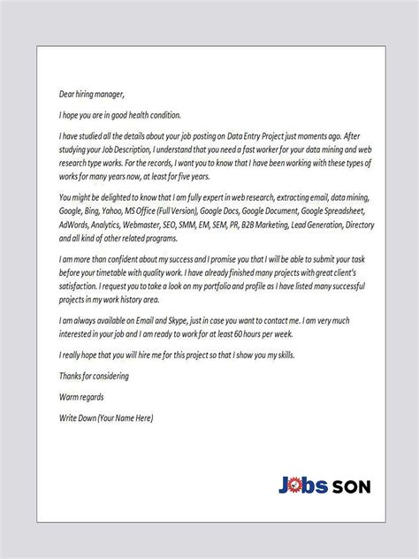 The following cover letter samples and examples will show you how to write a cover letter for many employment circumstances. Upwork Cover Letter Sample for Data Mining
