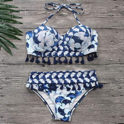 Bikinis Women Blue Bandage Swimsuit 2018 Sexy Push Up Swimwear Print Fringe Bikini Beach Bathing