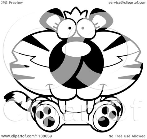 Cartoon Clipart Of An Outlined Cute Sitting Tiger Cub Black And White