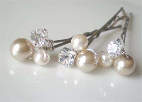 Bridal Rhinestone Ivory Pearl Hair Pins Jeweled Bridal