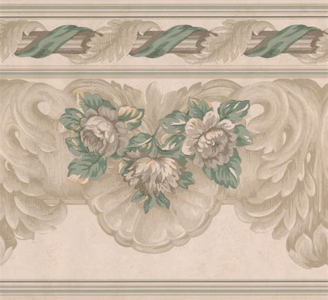 Beige Green Grey Floral Wide Wallpaper Border Retro Design Roll 15 X