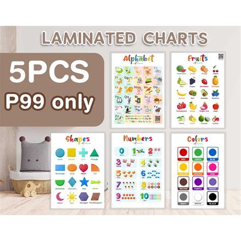 5pcs Kids Educational Wall Chart A4 Size Alphabet Colors Shapes