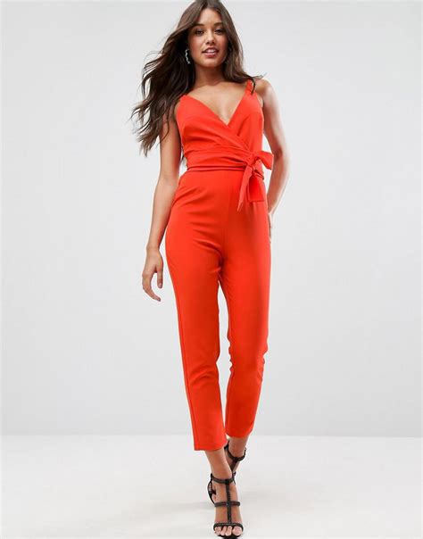 Asos Synthetic Wrap Front Jumpsuit With Peg Leg And Self Belt In Red Lyst