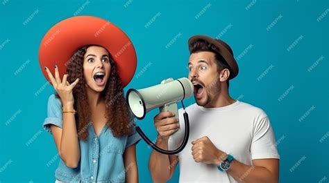 Premium Ai Image A Man And Woman Singing Into A Megaphone With A Woman Shouting In The Background