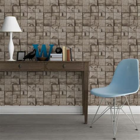 New Muriva Wood Block Pattern Realistic Faux Effect Vinyl Wallpaper