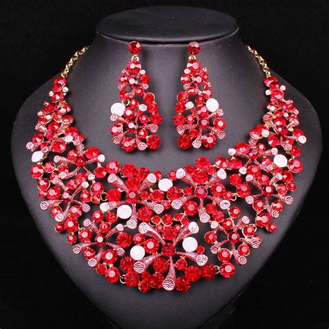 Fashion Leaf Red Crystal Rhinestone Necklace Earrings Set Jewelry Sets