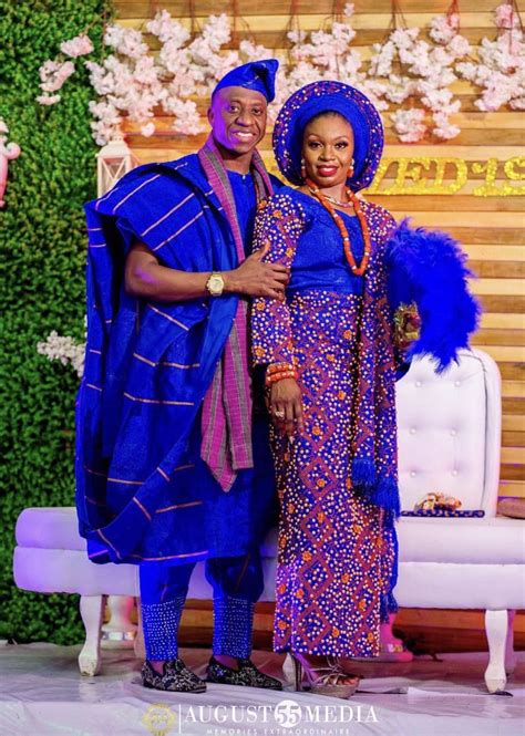 Beautiful Couple In Royal Blue Asooke Fabric Nigerian Wedding Dresses